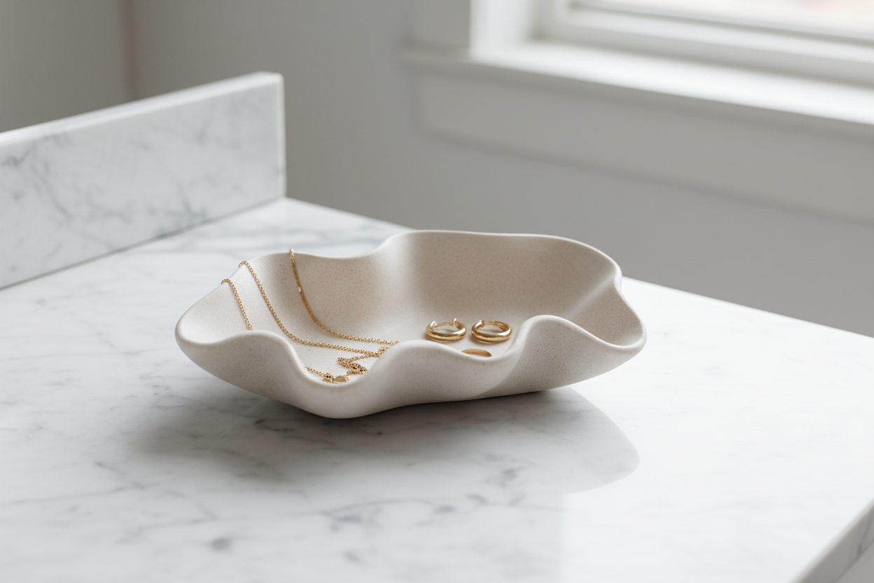 Wave Ceramic Catch-All Tray styled with gold jewelry