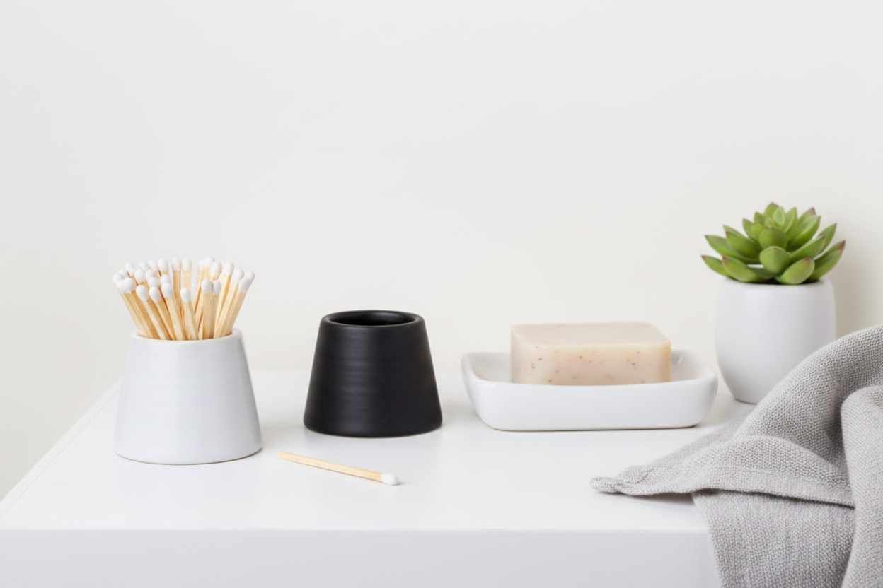 White ceramic match holder bathroom shelf