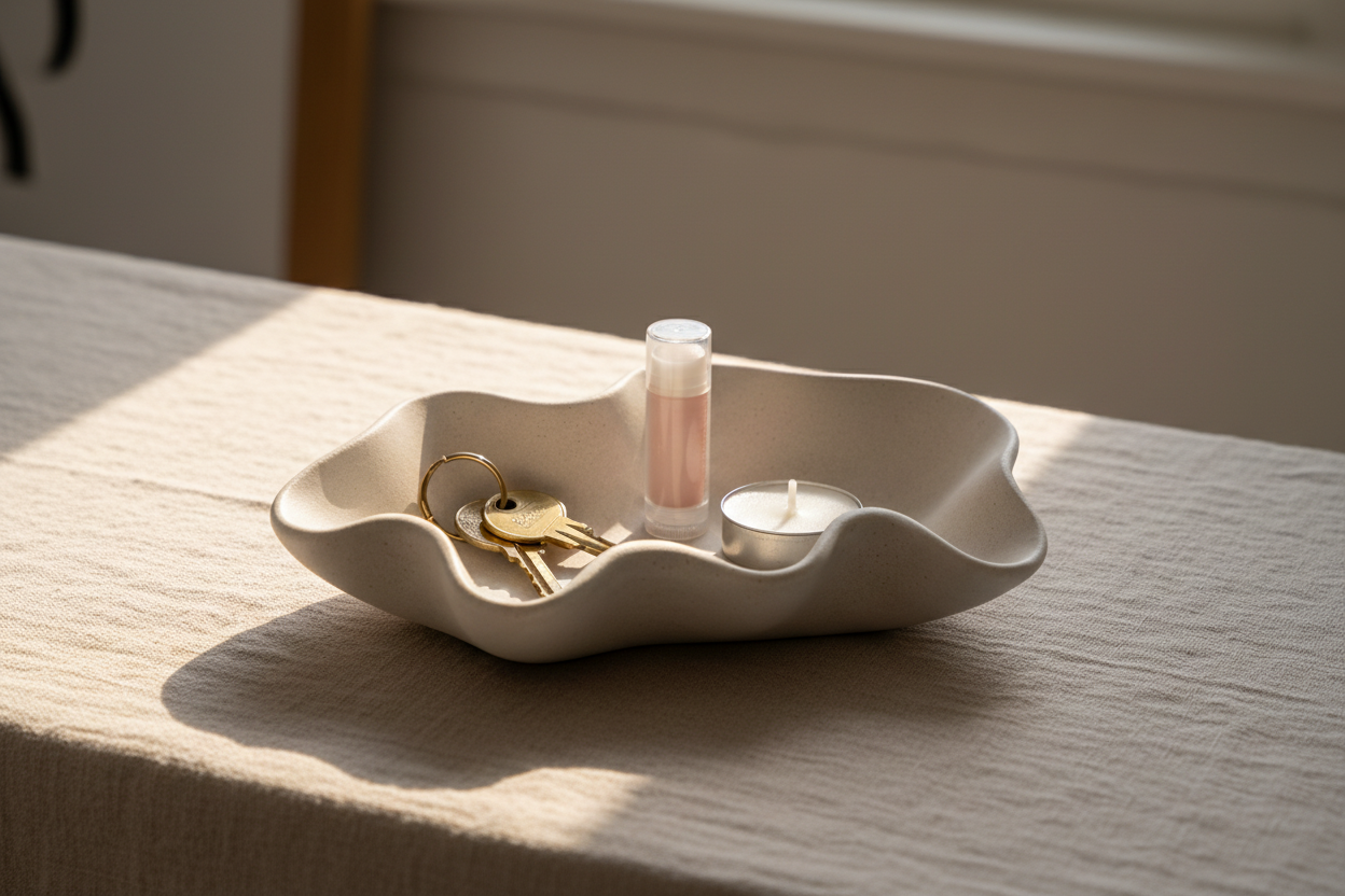 Wave Ceramic Catch-All Tray styled with everyday items