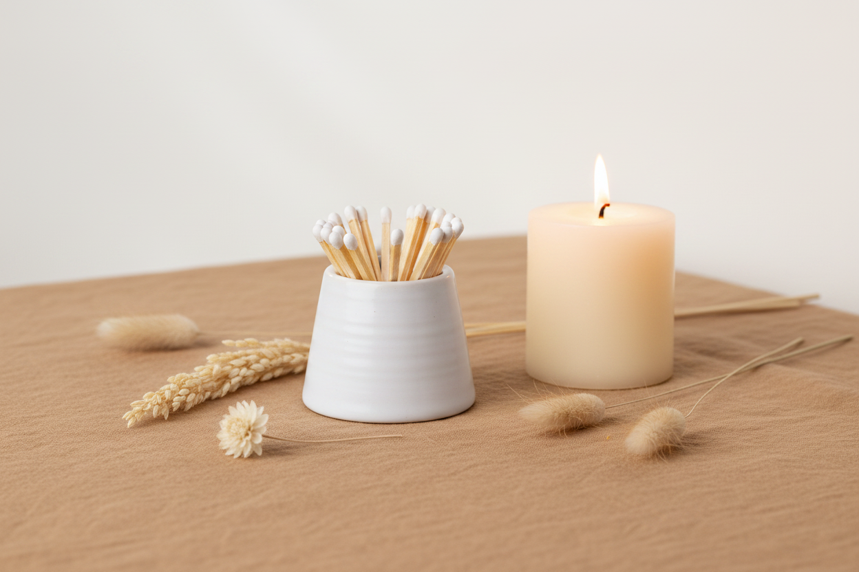 White ceramic match holder lifestyle